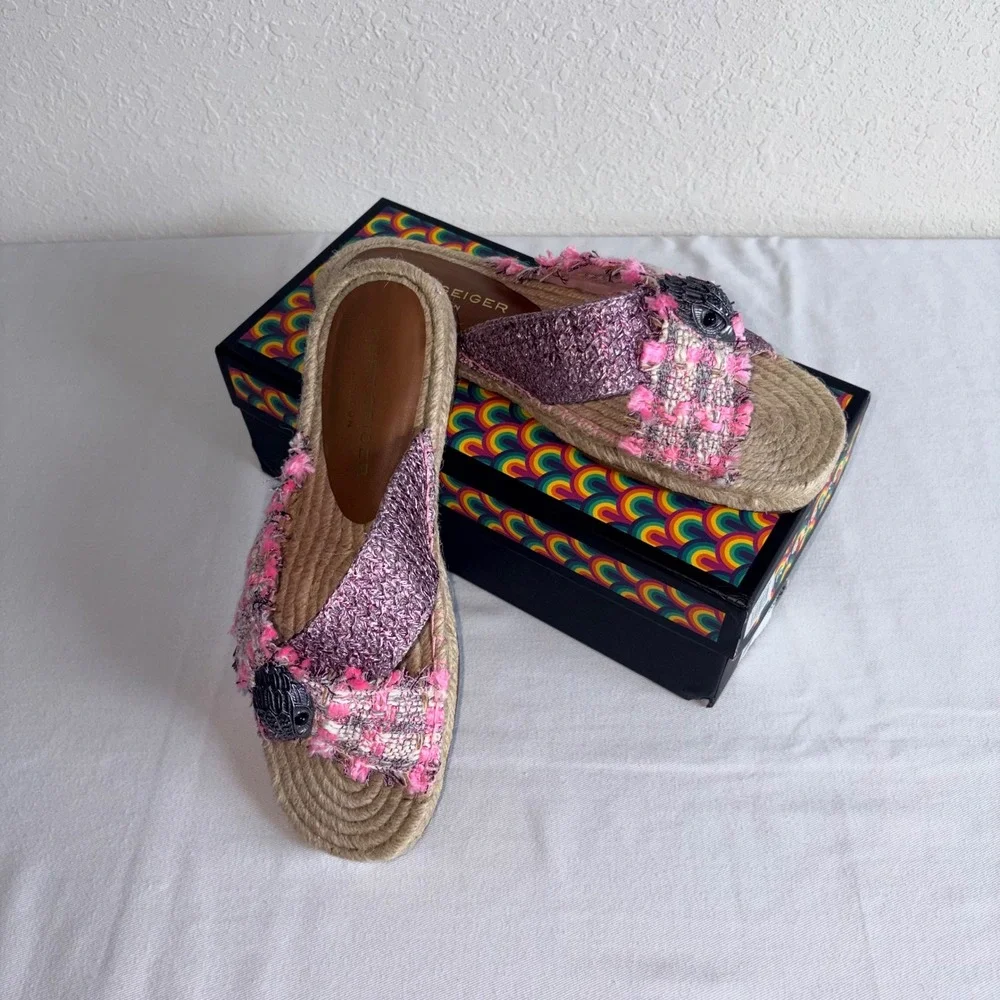 Kurt Geiger London Espadrille Slide 10  Eu 41 Pink Tweed Eagle Head Woven Flat